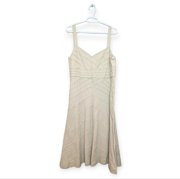 Y2K Addition Elle Khaki  Tan Linen Cotton Blend Midi Short Sleeve Dress Women 14 - Picture 1 of 8
